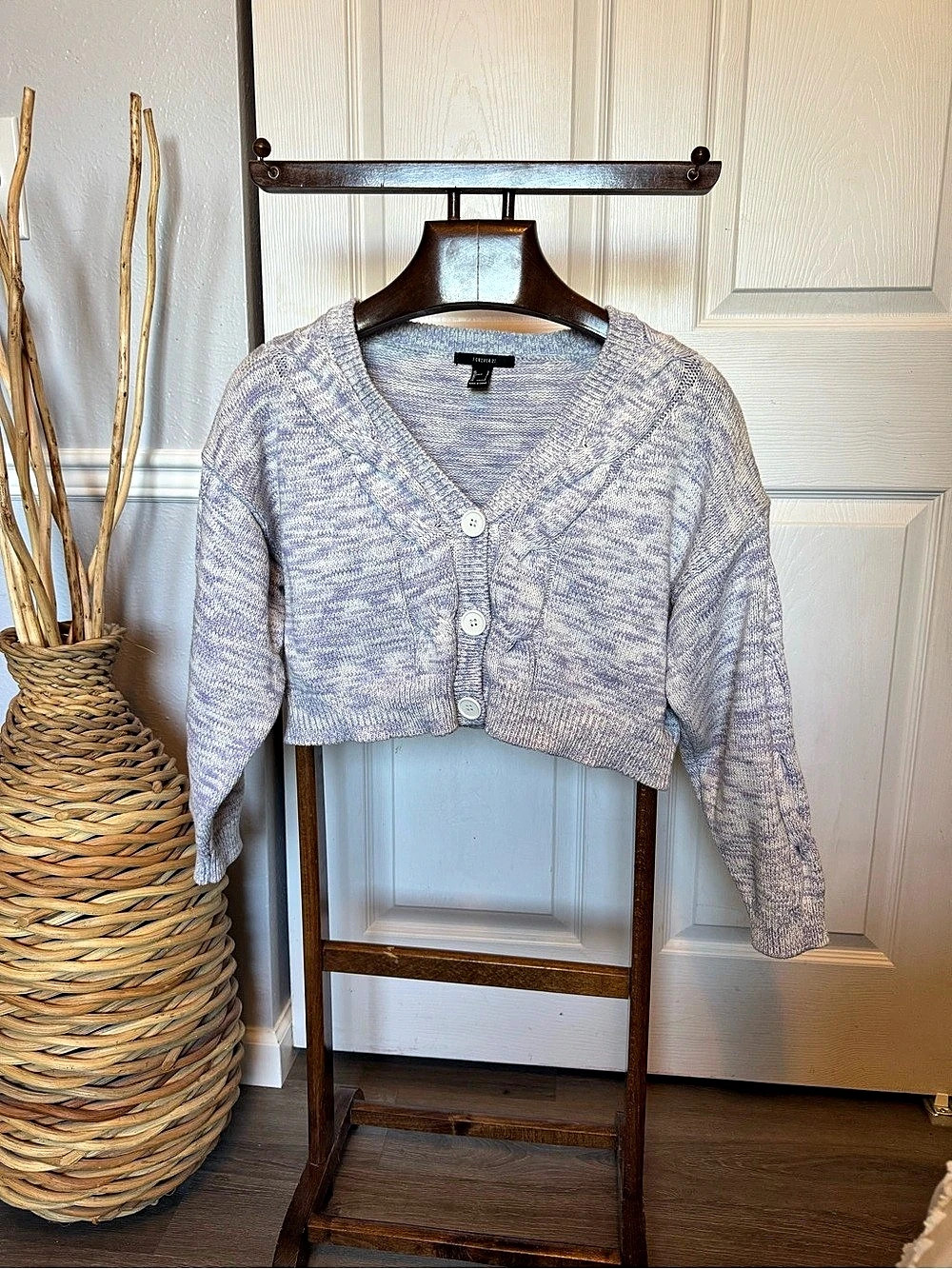 Forever 21 Marled Cable Knit Cropped Cardigan in Purple & White